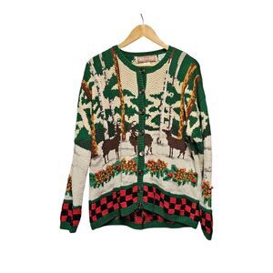 RARE Vintage Cardigan Bay Forest Woods Stag Deer‎ Button Front XL Hand Knitted